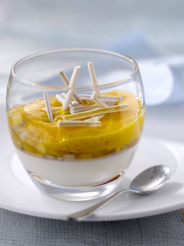 Panacotta de queijo cremoso (tipo mousse) e frutas exóticas