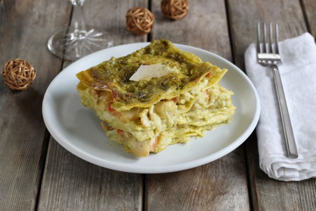 Lasanha nobre com vieiras e molhos pesto!