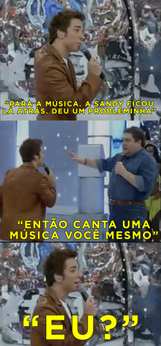 8 - Quando o apresentador anunciou vem aí, Sandy e Júnior, mas apenas Júnior entrou no palco, pois sua irmã, Sandy, estava passando mal no banheiro